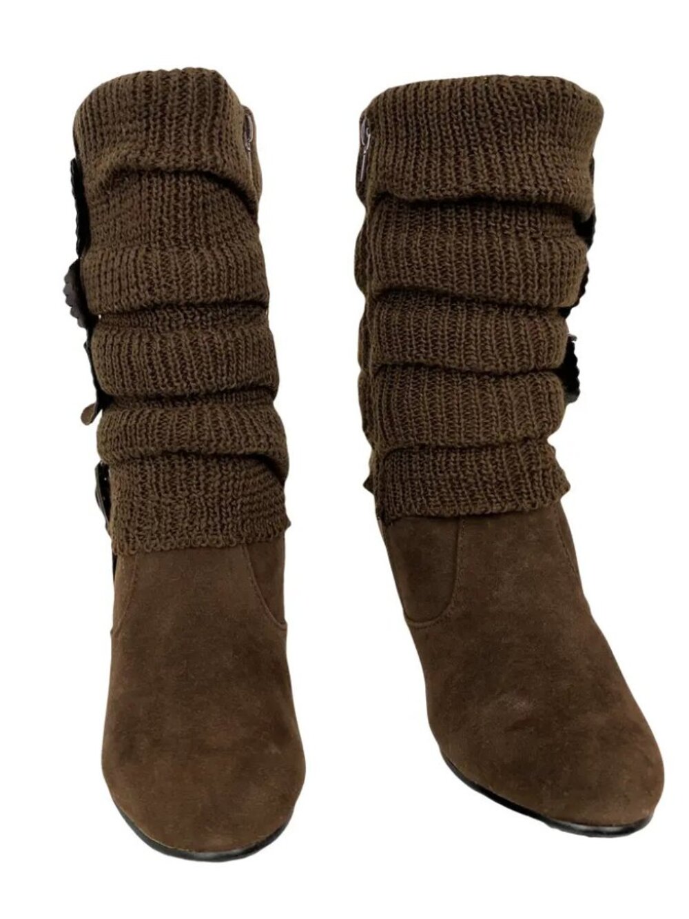 Reneeze Suede Slouch Boots Size 4 Brown Suede with Knitted Floral Top & Side Zip